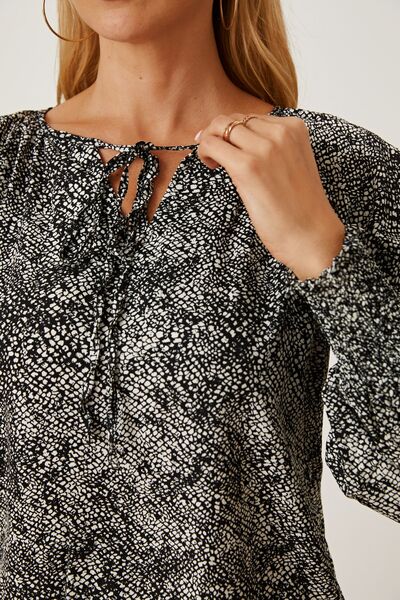 Blue Zone Planet | Printed Tie Neck Lantern Sleeve Blouse BLUE ZONE PLANET
