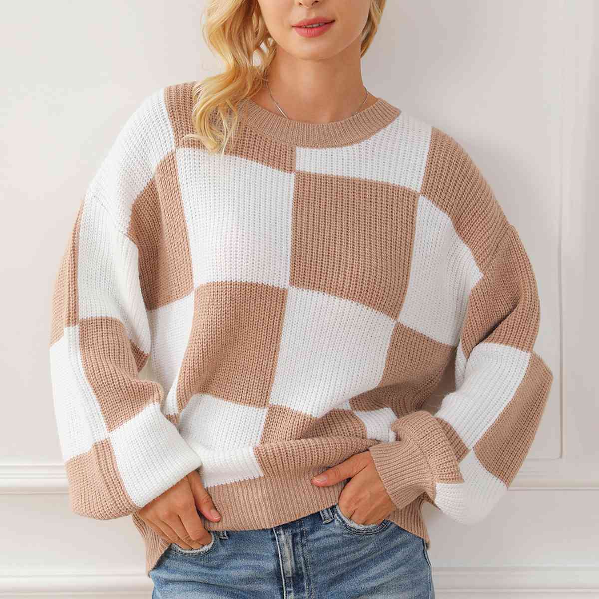 Checkered Round Neck Drop Shoulder Long Sleeve Sweater BLUE ZONE PLANET