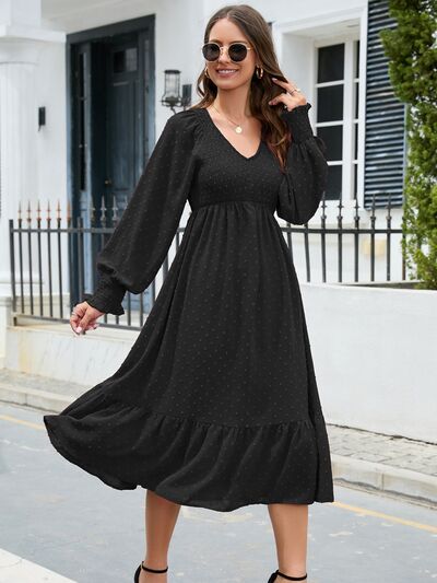 Swiss Dot V-Neck Smocked Lantern Sleeve Ruffle Hem Dress BLUE ZONE PLANET