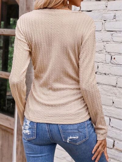 Blue Zone Planet | Textured Ruched V-Neck Long Sleeve T-Shirt BLUE ZONE PLANET