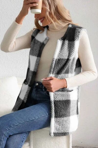 Sherpa Plaid Open Front Vest Coat BLUE ZONE PLANET