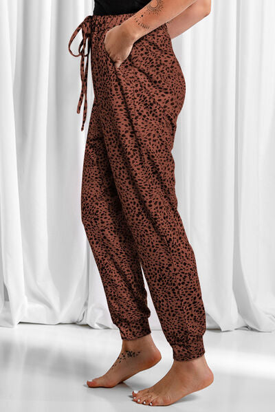 Blue Zone Planet | Full Size Leopard Drawstring Pocketed Pants BLUE ZONE PLANET