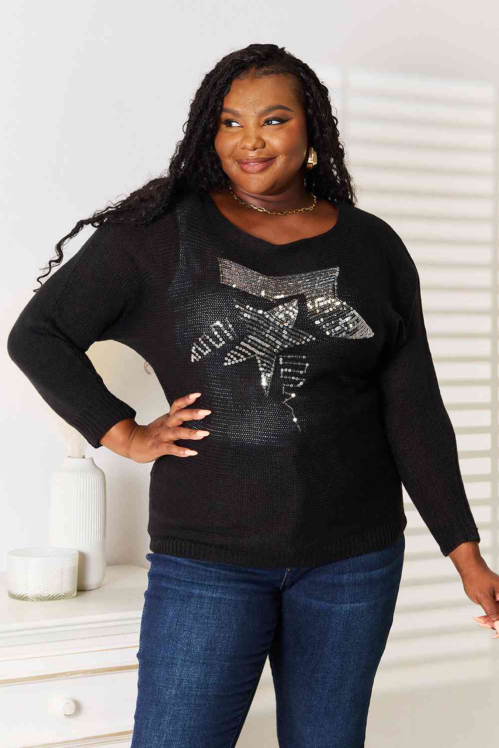 Double Take Sequin Graphic Dolman Sleeve Knit Top BLUE ZONE PLANET