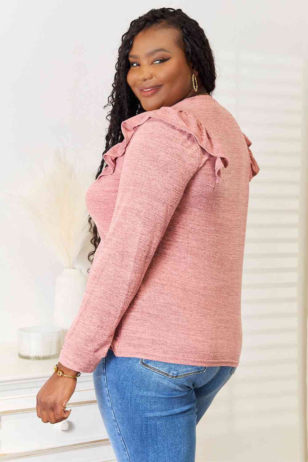 Double Take Ruffle Shoulder Long Sleeve T-Shirt BLUE ZONE PLANET
