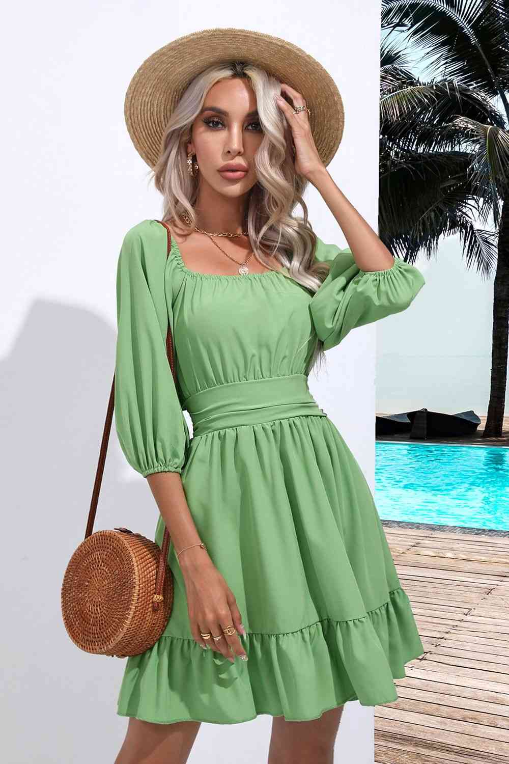 Blue Zone Planet |  Square Neck Tie Back Ruffle Hem Dress BLUE ZONE PLANET