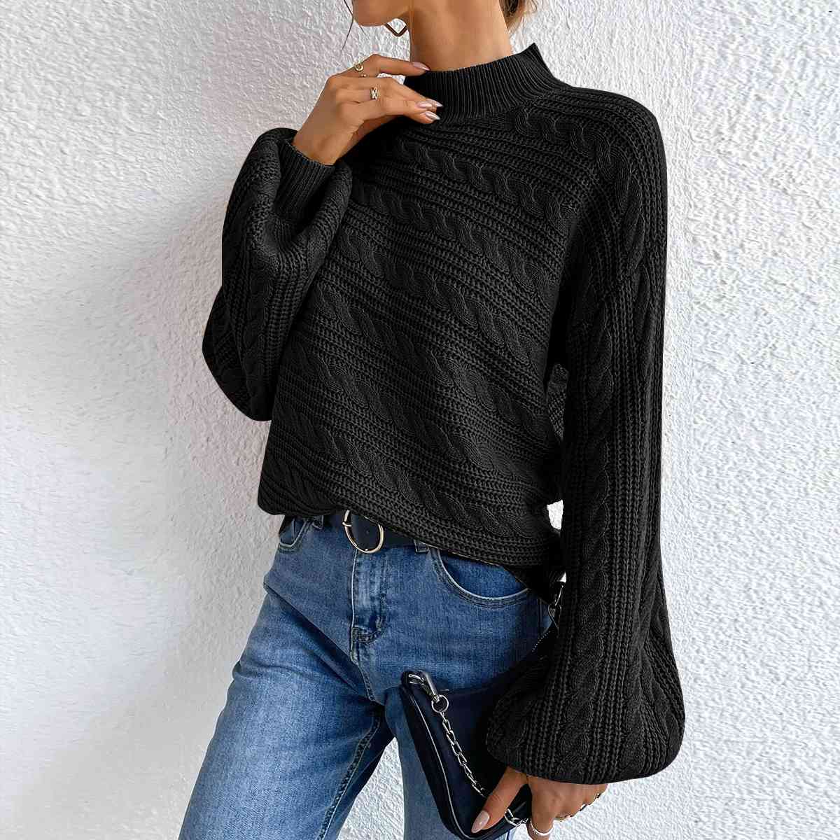 Cable-Knit Mock Neck Long Sleeve Sweater BLUE ZONE PLANET