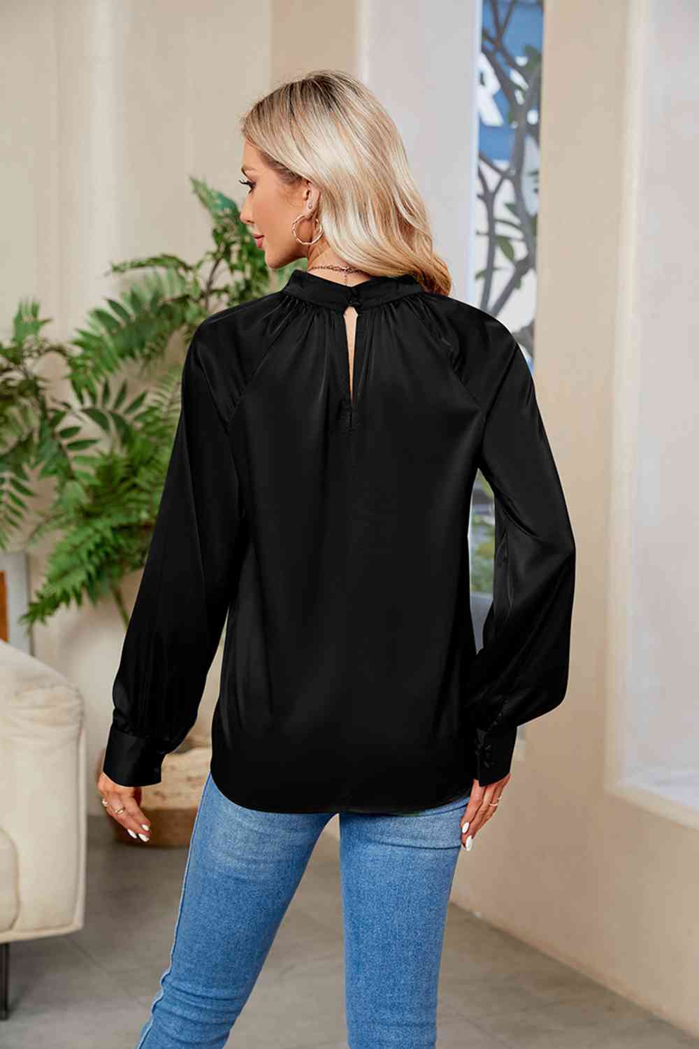 Cutout Mock Neck Long Sleeve Top BLUE ZONE PLANET