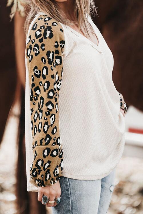 Plus Size Leopard V-Neck Raglan Sleeve Blouse BLUE ZONE PLANET