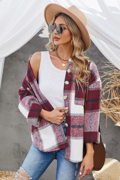 Blue Zone Planet | Plaid Button Up Dropped Shoulder Jacket BLUE ZONE PLANET