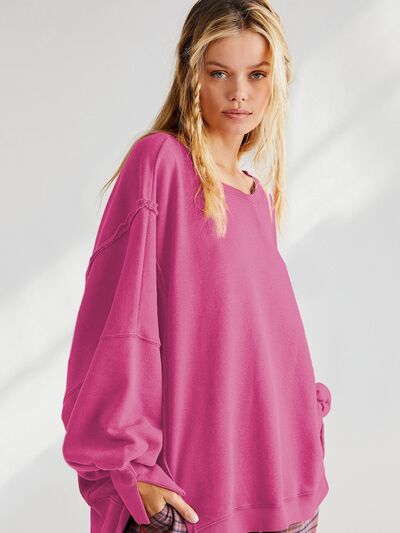 Slit Round Neck Dropped Shoulder T-Shirt Trendsi