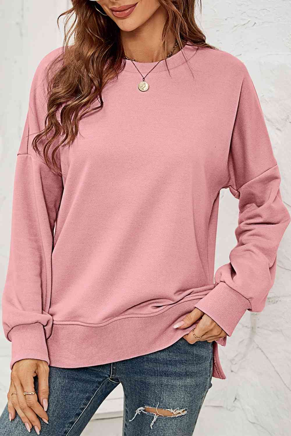Round Neck Dropped Shoulder Slit Sweatshirt BLUE ZONE PLANET