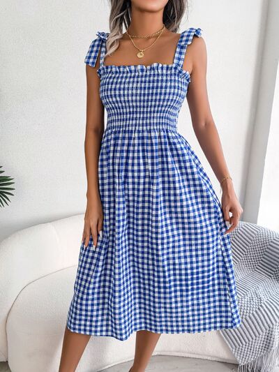 Frill Plaid Square Neck Midi Dress BLUE ZONE PLANET