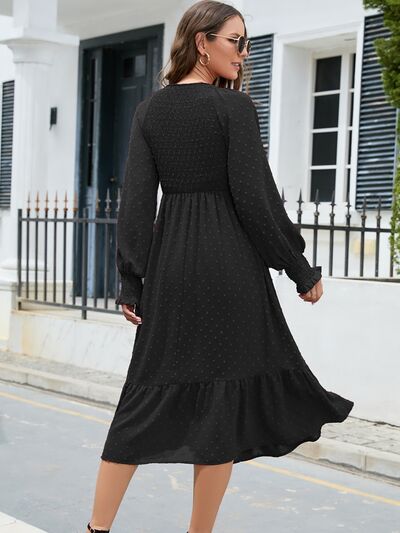 Swiss Dot V-Neck Smocked Lantern Sleeve Ruffle Hem Dress BLUE ZONE PLANET