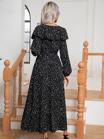 Polka Dot Tie Front Long Sleeve Slit Dress BLUE ZONE PLANET
