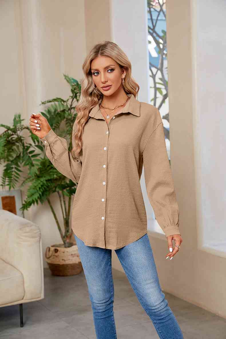 Collared Neck Buttoned Long Sleeve Shirt BLUE ZONE PLANET