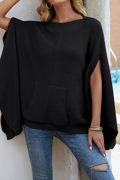 Blue Zone Planet | Waffle-Knit Pocketed Cape Sleeve Sweater BLUE ZONE PLANET