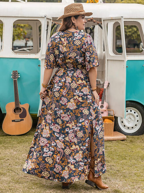Floral V-Neck Short Sleeve Slit Dress BLUE ZONE PLANET