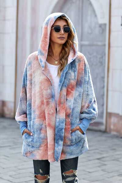 Blue Zone Planet | Tie-Dye Plush Hooded Jacket with Pockets BLUE ZONE PLANET