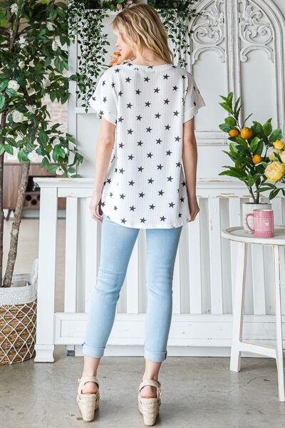 Heimish Full Size Star Print Short Sleeve V-Neck Waffle Knit T-Shirt BLUE ZONE PLANET