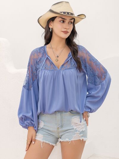 Lace Detail Tie Neck Balloon Sleeve Blouse Trendsi