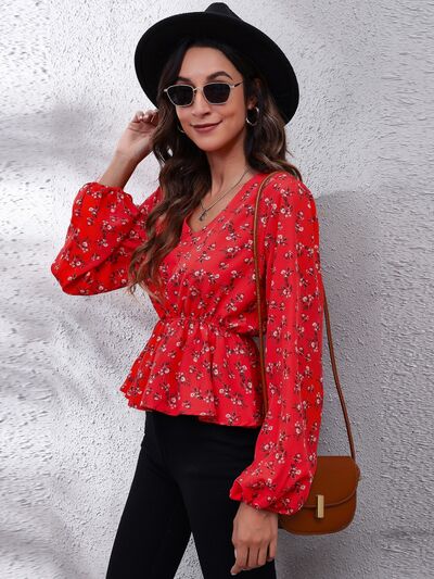Floral V-Neck Balloon Sleeve Peplum Blouse BLUE ZONE PLANET