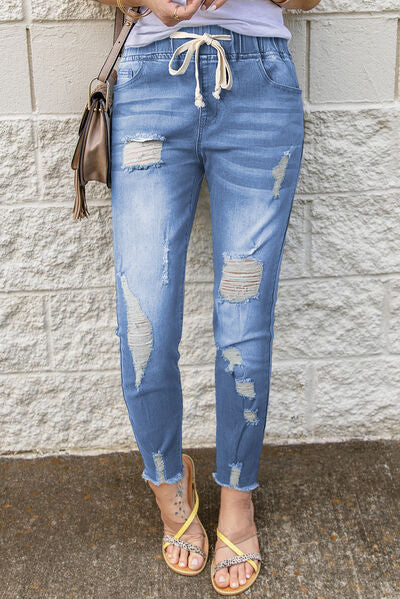 Blue Zone Planet | Drawstring Distressed Raw Hem Jeans with Pockets BLUE ZONE PLANET