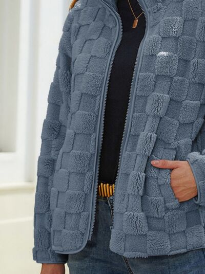 Blue Zone Planet | Fuzzy Checkered Zip Up Jacket BLUE ZONE PLANET
