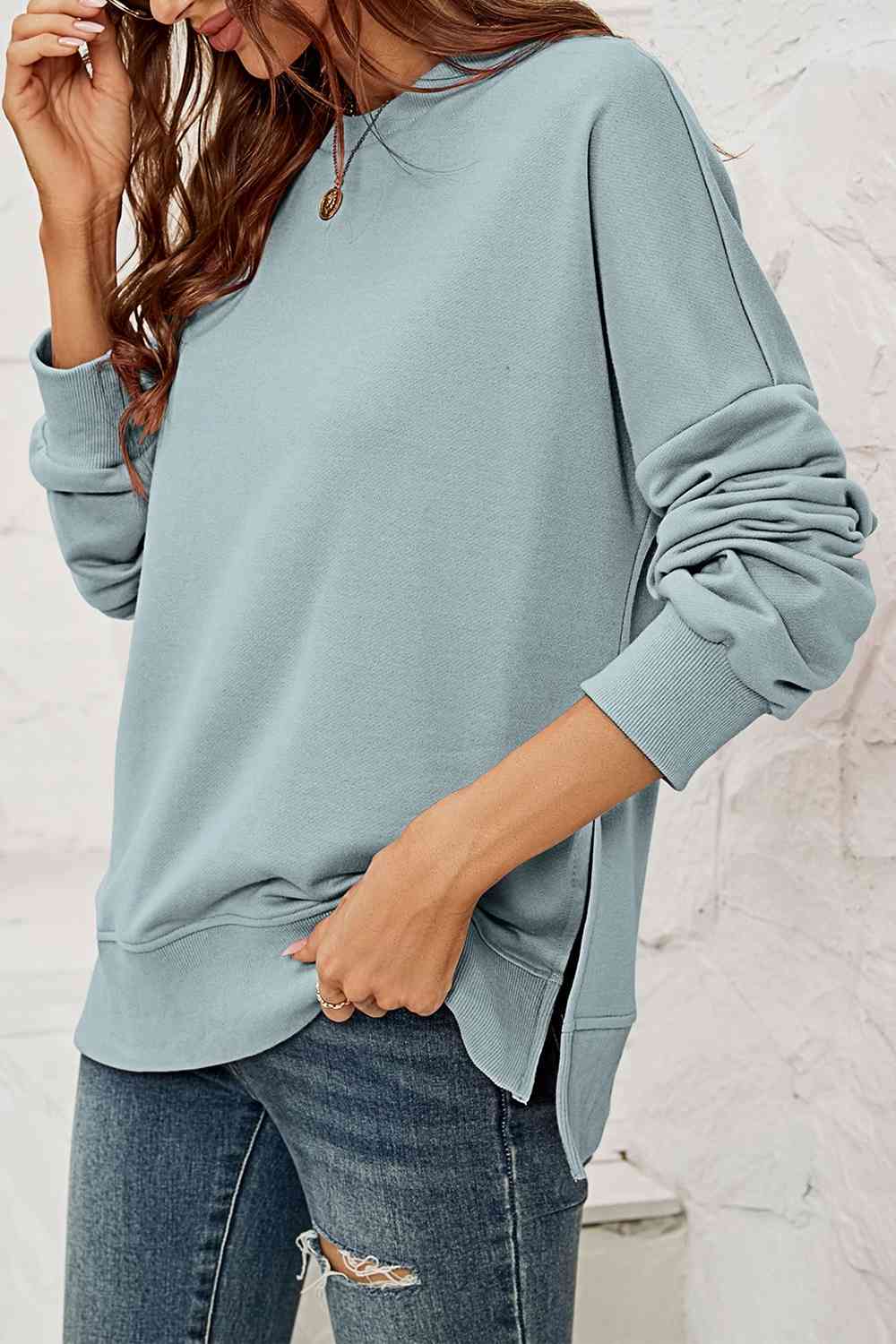 Round Neck Dropped Shoulder Slit Sweatshirt BLUE ZONE PLANET