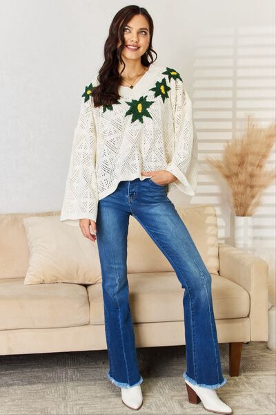 Blue Zone Planet | POL Floral Embroidered Pattern V-Neck Sweater BLUE ZONE PLANET