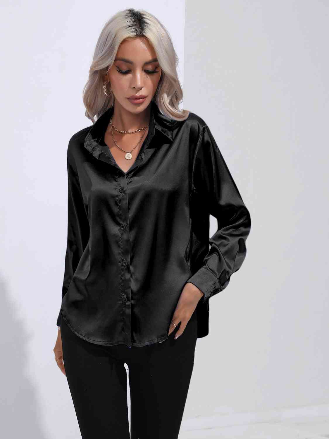 Collared Neck Buttoned Long Sleeve Shirt BLUE ZONE PLANET
