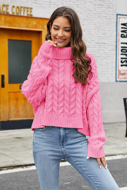 Turtleneck Cable-Knit Long Sleeve Sweater BLUE ZONE PLANET