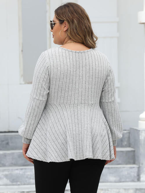 Plus Size Ribbed V-Neck Long Sleeve Blouse BLUE ZONE PLANET