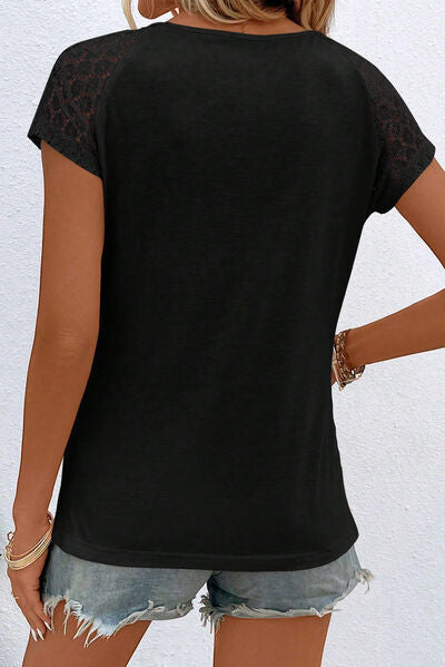 Blue Zone Planet | Cutout Round Neck Lace Short Sleeve T-Shirt BLUE ZONE PLANET