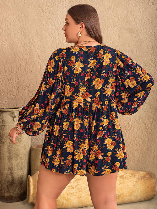 Plus Size Floral Tie Neck Balloon Sleeve Romper BLUE ZONE PLANET