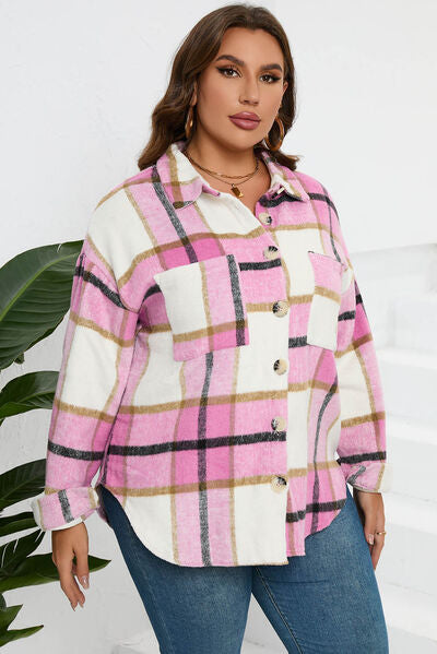 Blue Zone Planet | Plaid Button Up Dropped Shoulder Jacket BLUE ZONE PLANET