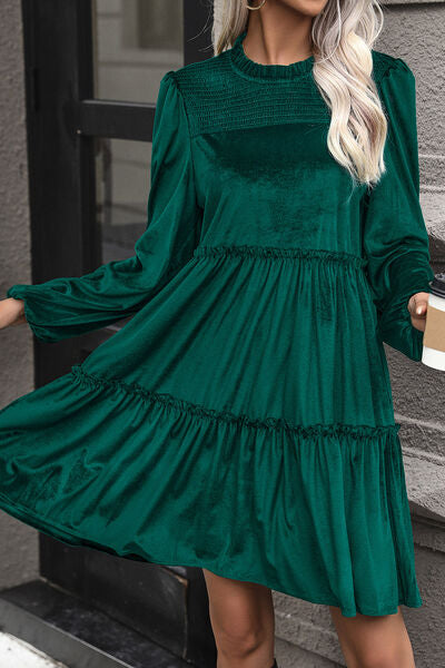 Smocked Balloon Sleeve Frill Trim Tiered Dress BLUE ZONE PLANET
