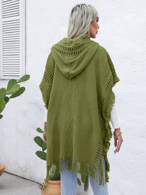 Fringe Trim Buttoned Hooded Poncho BLUE ZONE PLANET