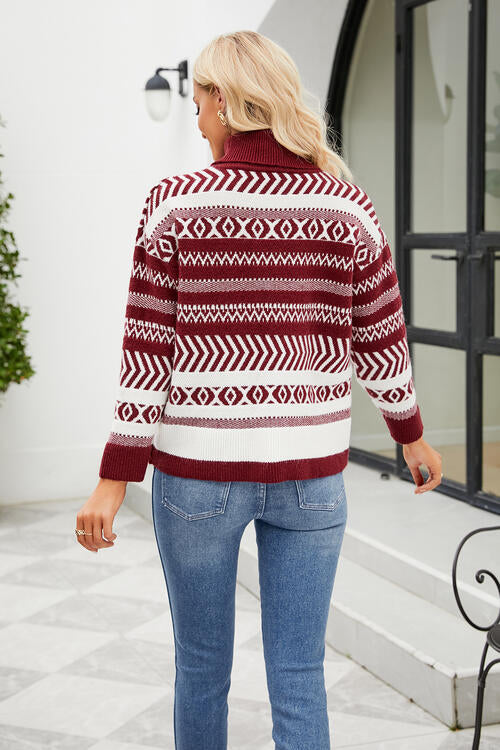 Blue Zone Planet | Geometric Turtleneck Long Sleeve Sweater BLUE ZONE PLANET