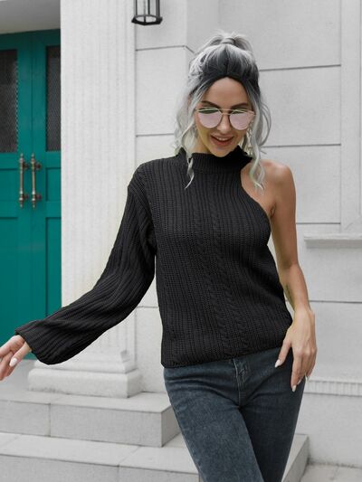 Blue Zone Planet | Cable-Knit Round Neck Asymmetrical Sweater BLUE ZONE PLANET