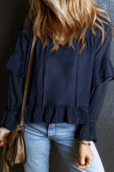 Swiss Dot Tie Neck Flounce Sleeve Blouse Trendsi