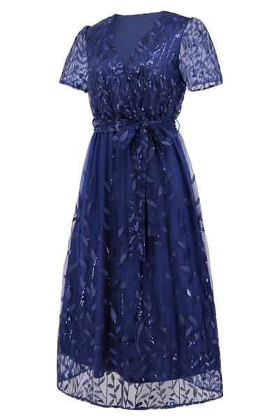 Blue Zone Planet |  Sequin Leaf Embroidery Tie Front Short Sleeve Dress BLUE ZONE PLANET