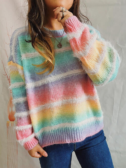 Blue Zone Planet | Striped Round Neck Long Sleeve Sweater BLUE ZONE PLANET