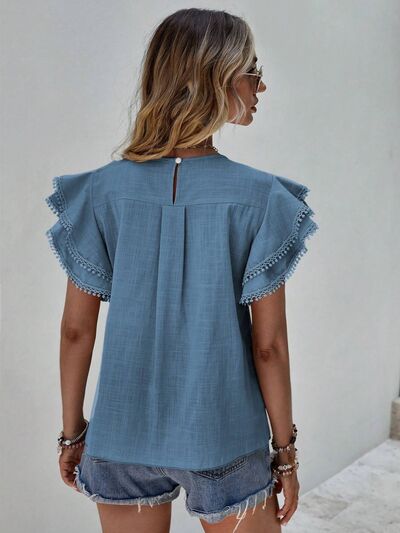 Blue Zone Planet | Ruffled Cap Sleeve Round Neck Blouse BLUE ZONE PLANET