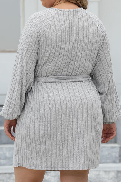 Plus Size Ribbed Tie Front Long Sleeve Sweater Dress BLUE ZONE PLANET