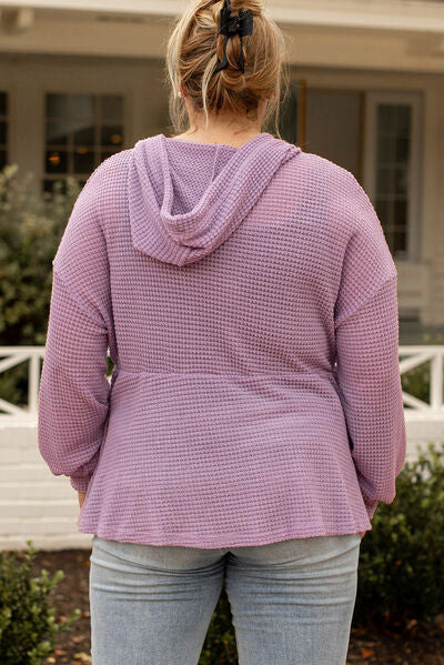Plus Size Waffle Knit Drawstring Half Button Hooded Knit Top BLUE ZONE PLANET