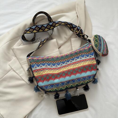 Printed Tassel Detail Crossbody Bag with Small Purse BLUE ZONE PLANET