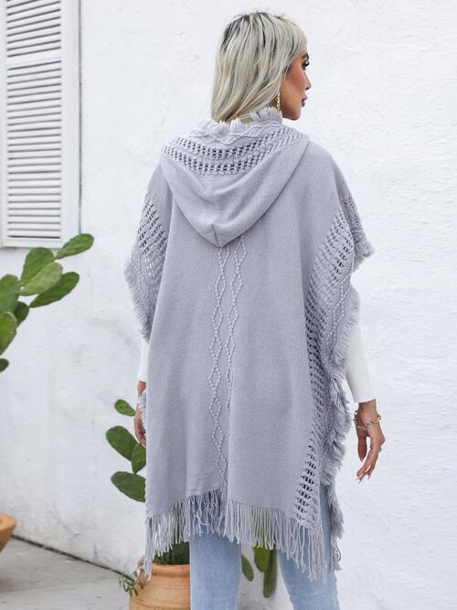 Fringe Trim Buttoned Hooded Poncho BLUE ZONE PLANET