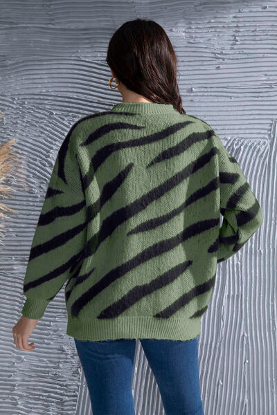 Blue Zone Planet | Animal Element Round Neck Dropped Shoulder Sweater BLUE ZONE PLANET