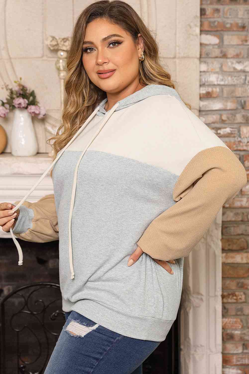 Blue Zone Planet | Plus Size Color Block Drawstring Long Sleeve Hoodie BLUE ZONE PLANET