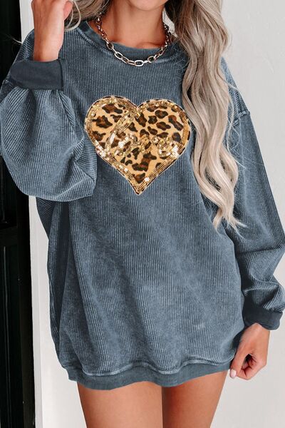 Blue Zone Planet | Heart Leopard Sequin Round Neck Sweatshirt BLUE ZONE PLANET